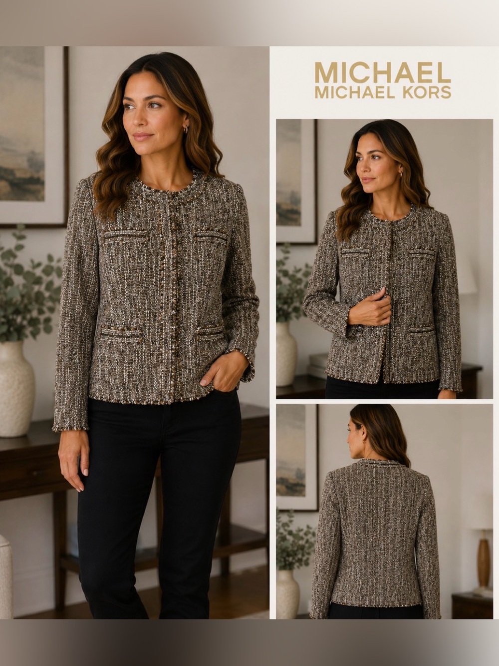 Michael Michael Kors Tweed Jacket Size 12 Brown Black White Fringe Trim
